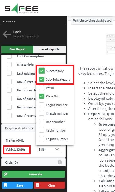 Subcategories in the vehicle driving dashboard report